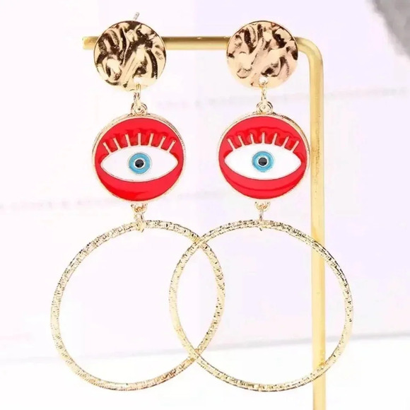 NEW! Boho Gold Coin Enamel Evil Eye Hoop Earrings - Picture 1 of 3